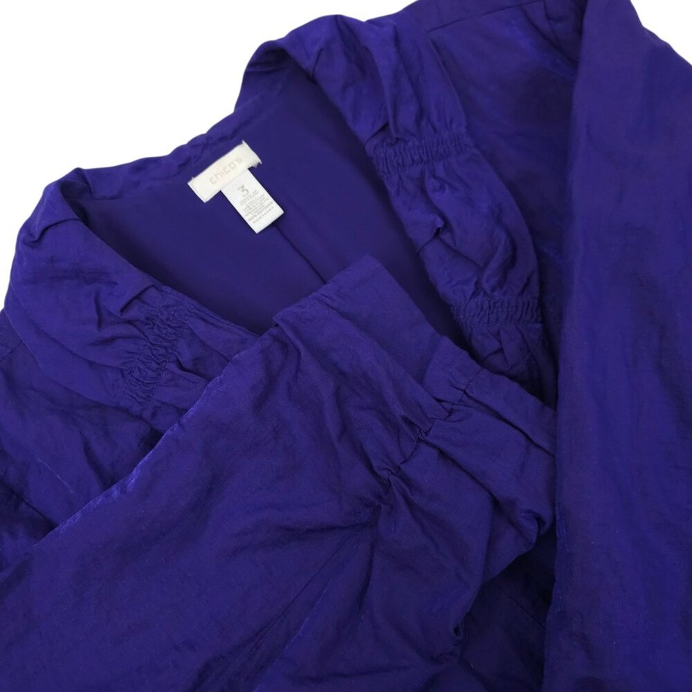 Chicos Open Front  Jacket 3 US XL/16 Pocket Detail Ruched Sleeves Crinkle Design